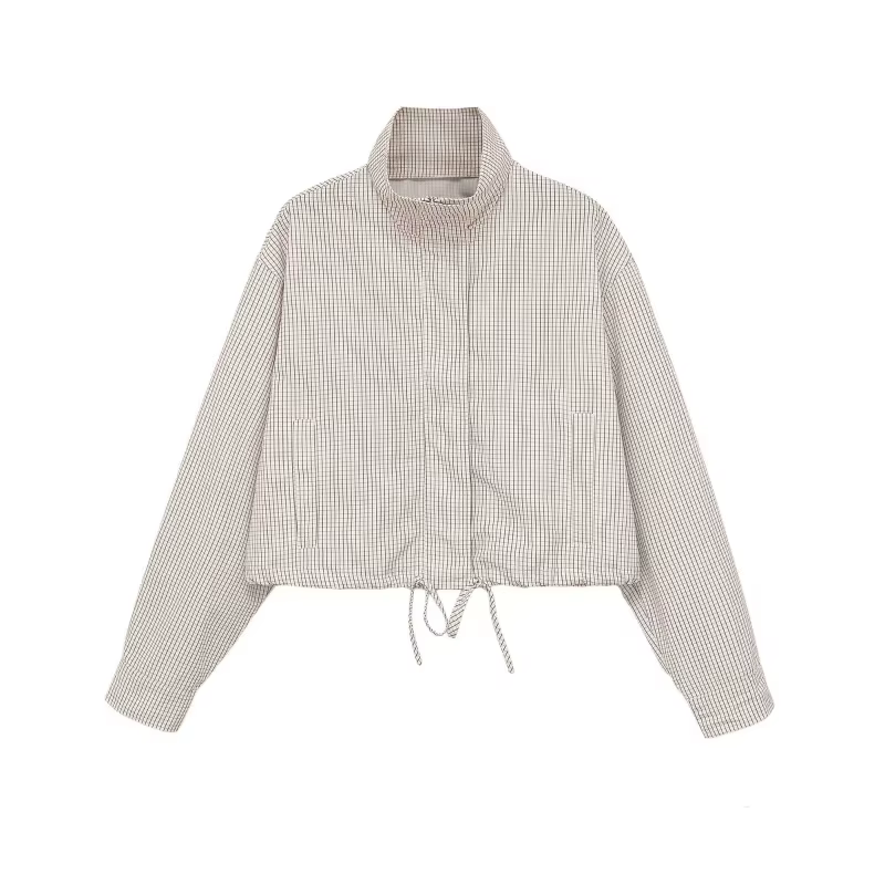 Veste Courte à Carreaux pour Femme ETJ, Col Montant, Manches Bouffantes, Coupe Oversize avec Ourlet 