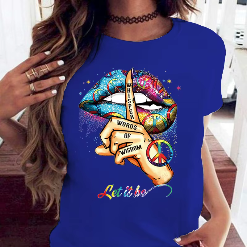 100% coton ample col rond bouche créative à manches courtes T-shirt femme surdimensionné T-shirt hau