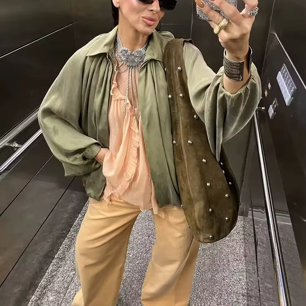 KONDALA High Street Satin Bomber vestes femmes longue lanterne manches fermeture éclair surdimension