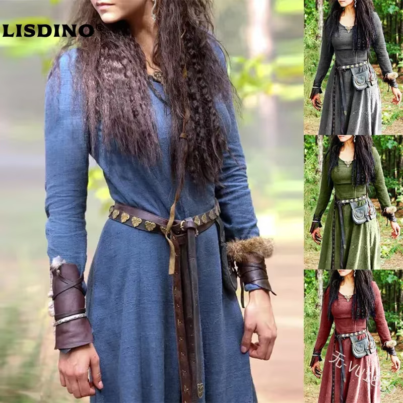 LisdinoMedieval Robe femmes à manches longues Maxi Robe Vintage fée elfique Robe Renaissance celtiqu