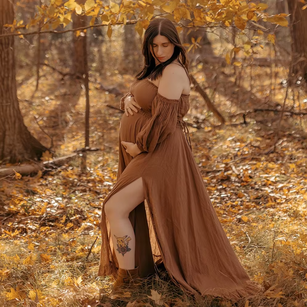 Robe de grossesse bohème pour séance Photo, en lin doux, en coton, épaules dénudées, bord plissé, ro