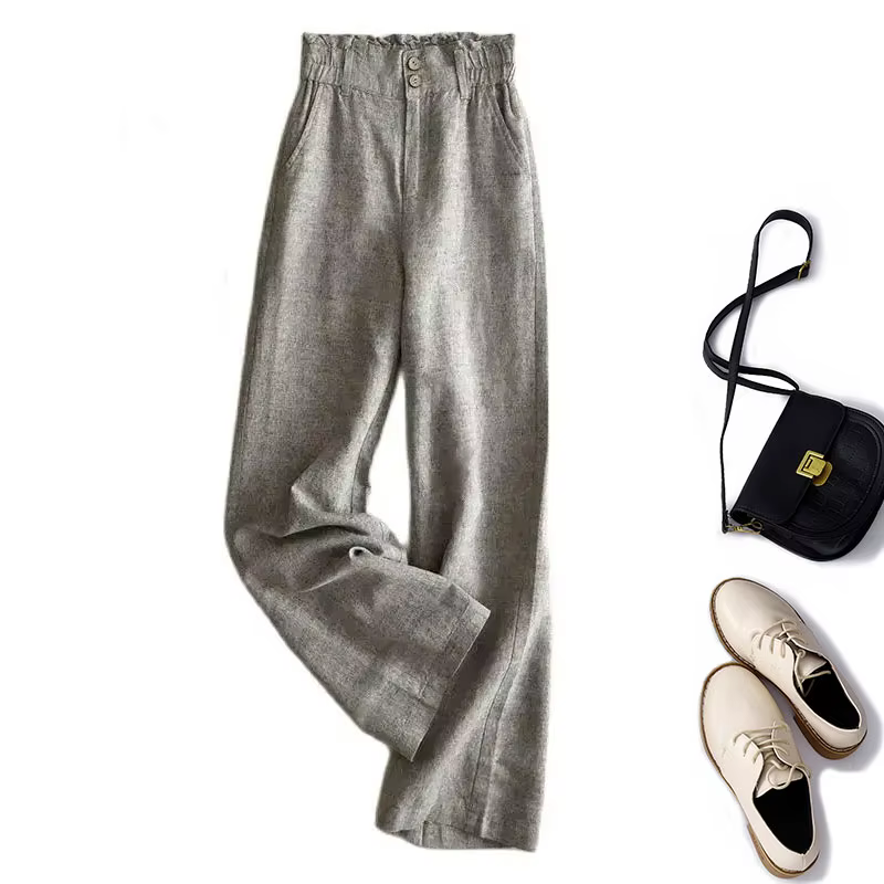 Pantalon en lin monochrome pour femme, décontracté, basique, élastique, taille haute, jambe large, l