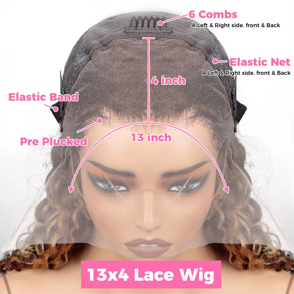 Perruque Lace Front Wig naturelle ondulée, cheveux humains, Deep Curly, brun miel, 13x4, à reflets, 