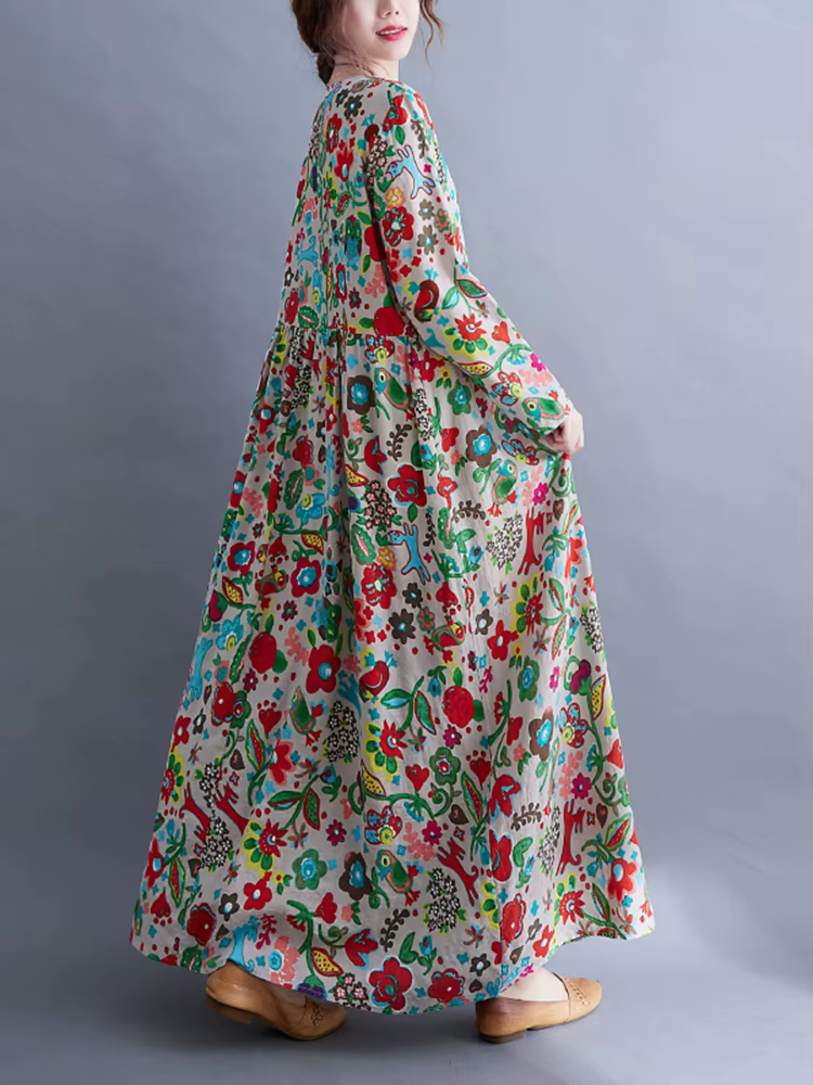 Robe Longue Femme en Coton Imprimé Floral Vintage à Manches Longues Printemps Automne 2026 – Décontr