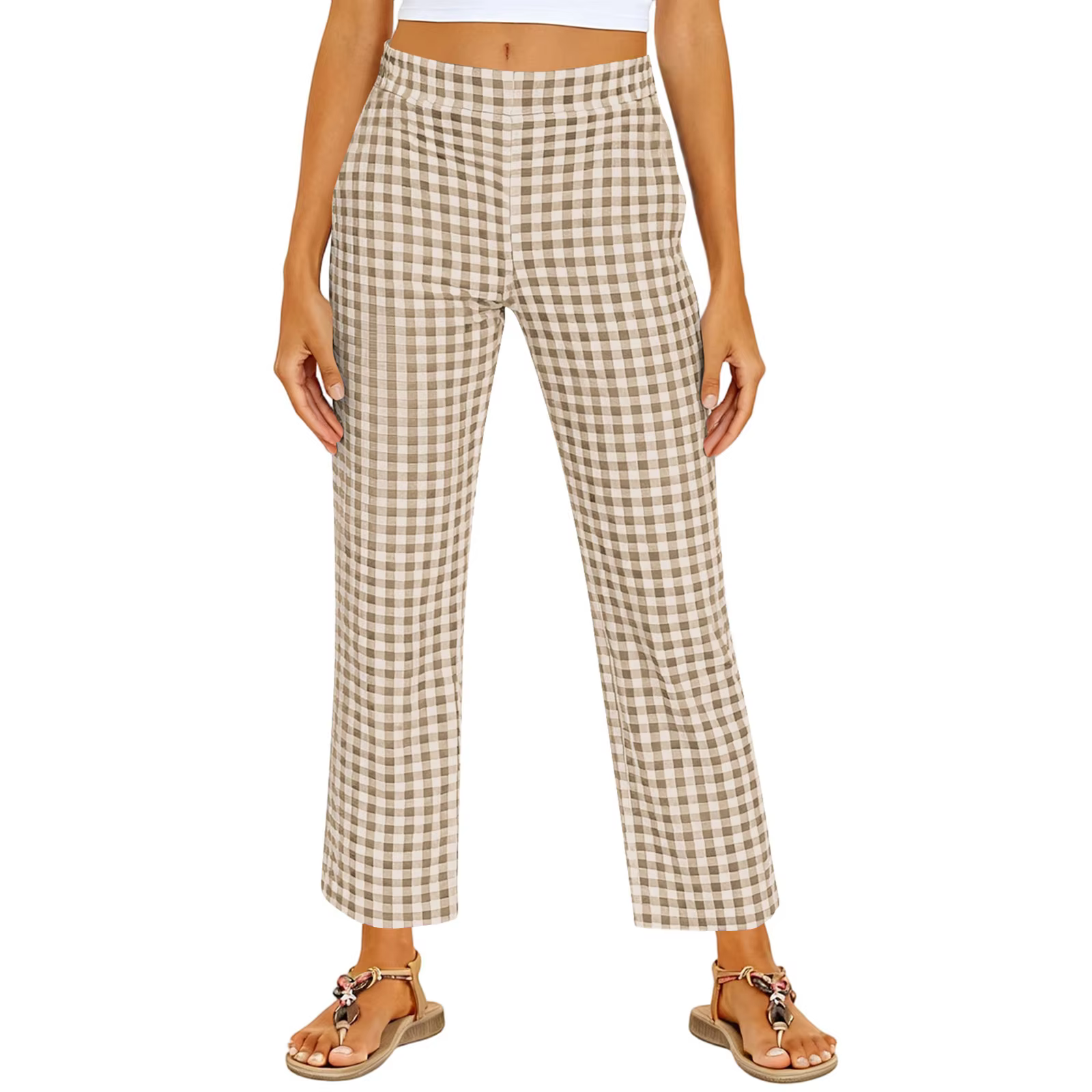 Pantalon décontracté à jambe droite à taille élastique en vichy pour femmes, à porter au quotidien,