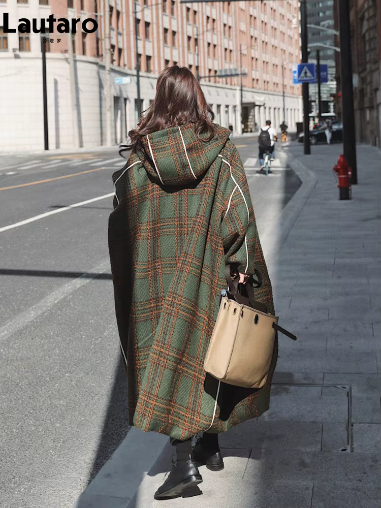 Lautaro-Combinaison Femme avec Capuche, Patchwork Blanc Chaud, Plaid Laine Mélanges, Mode Coréenne,