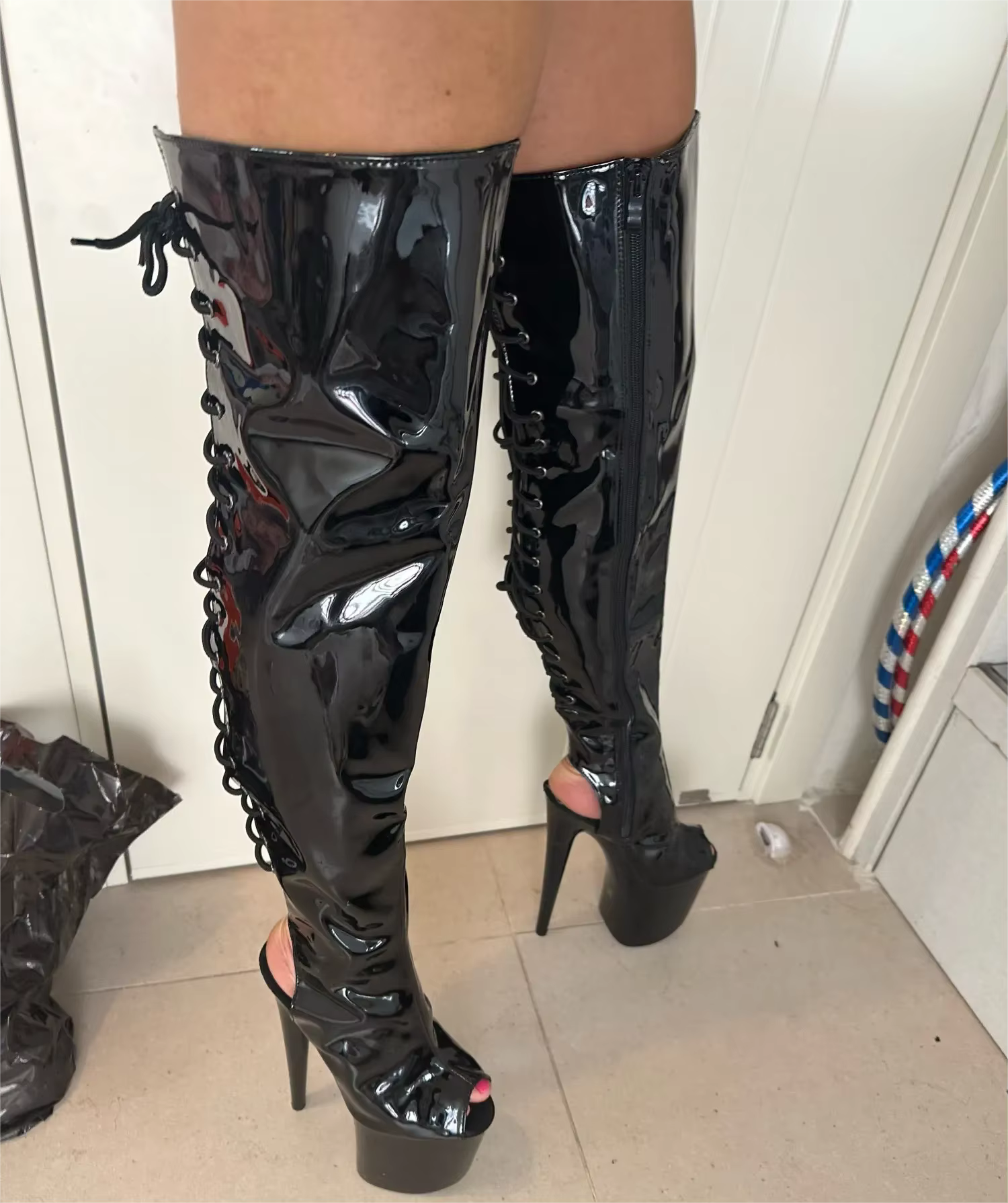 Bottes de Gladiateur Sexy à Talons Serrés de 20cm, Chaussures à Bout Ouvert, pour Spectacle sur Scèn