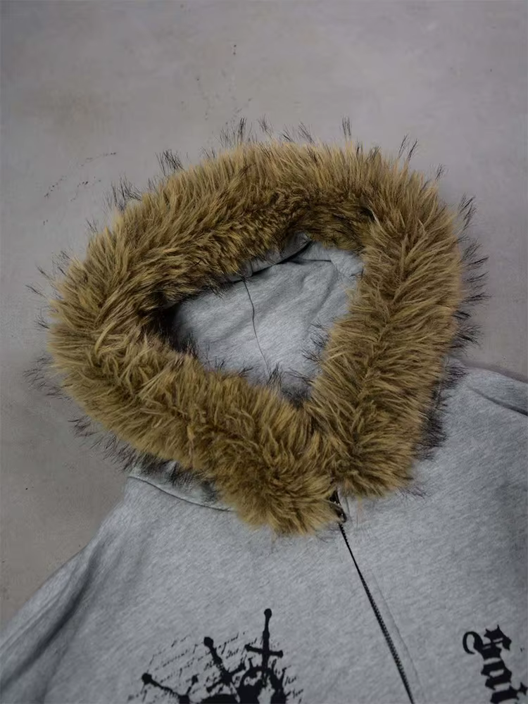 Veste à capuche en fausse fourrure pour femme, Streetwear, imprimé gothique, tendance, paresseux, fe