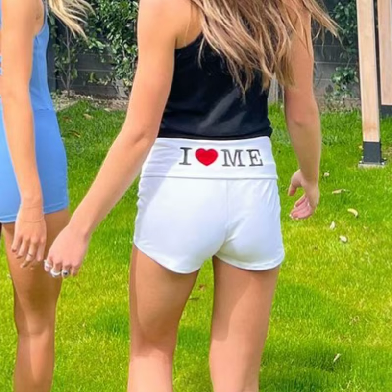 Y2K Aesthetic I LOVE Closer Letter Print Short, Harajuku Wstring, Wstring de proximité, Taille élast