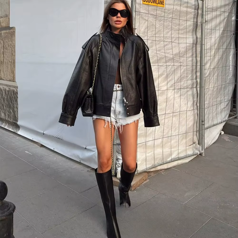 KONDALA Chic vestes en cuir noir boutons de fermeture éclair manteaux surdimensionnés mode 2025 auto