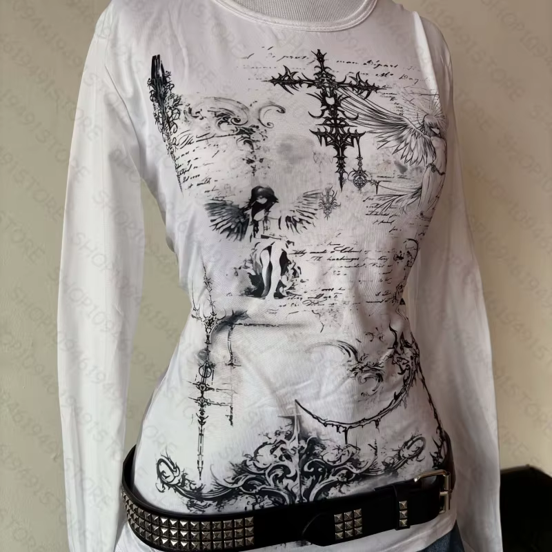 Y2k style esthétique doux et sexy haut à manches longues pour femmes décontracté gothique punk impri
