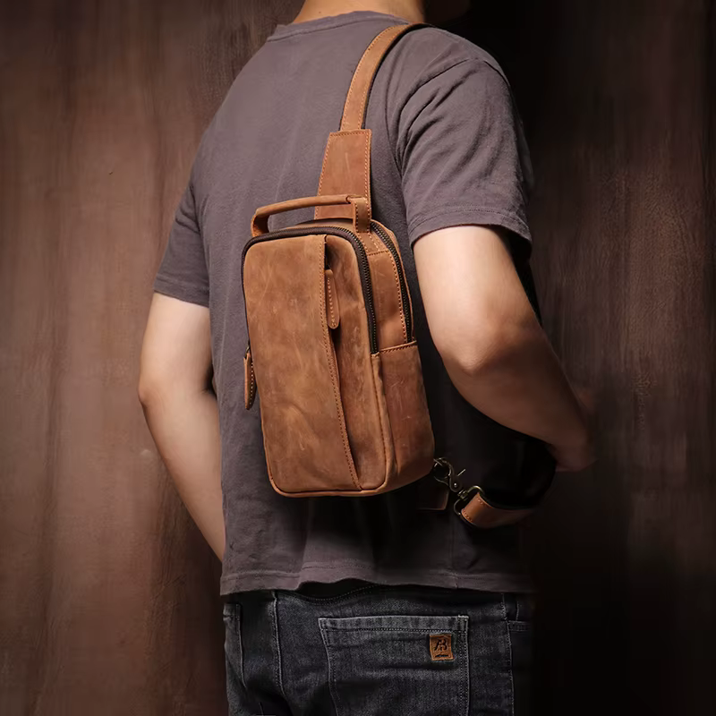 GURO-Sac à bandoulière en cuir véritable pour homme, sac de poitrine vintage, sac de voyage masculin