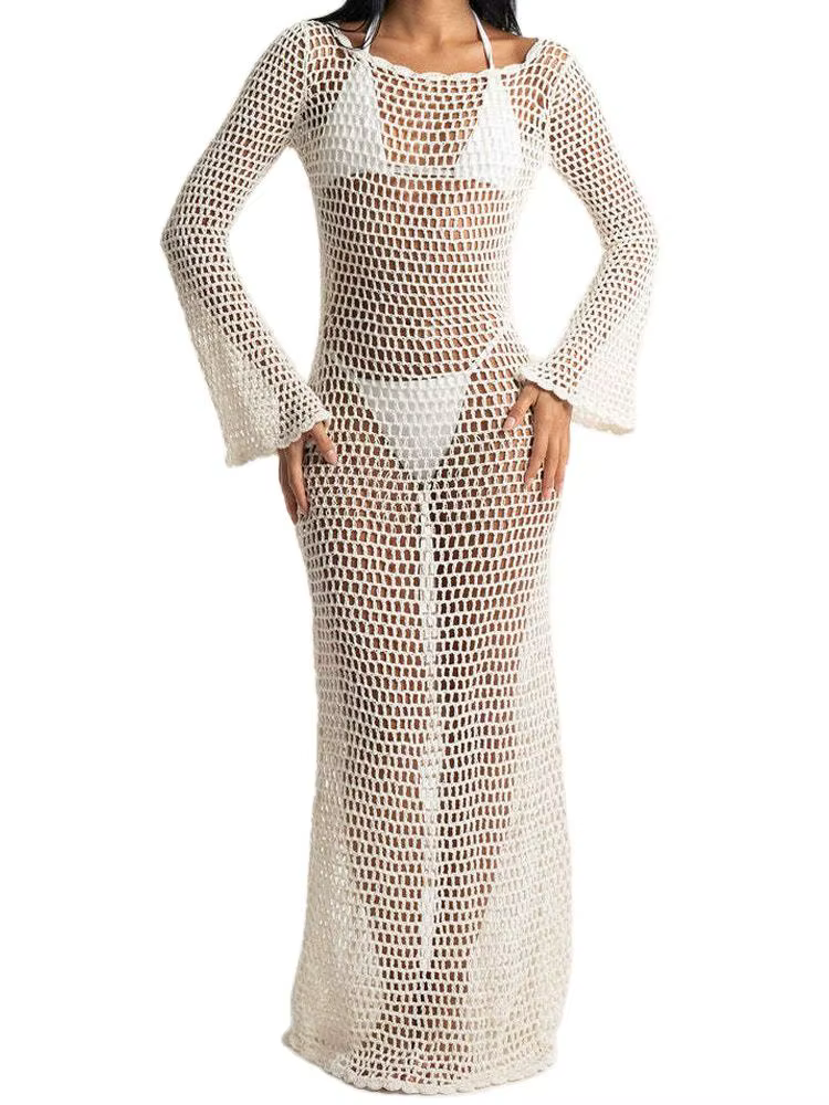 Robe de plage maxi à manches longues et col rond pour femmes, robes à lacets dos nu, robe de tempéra