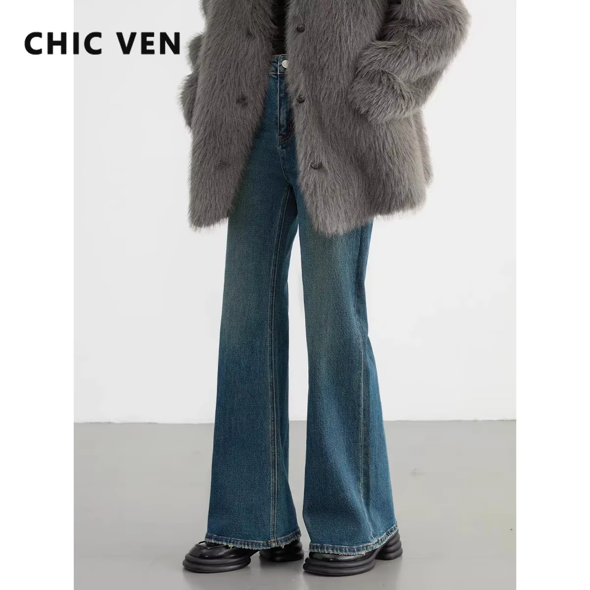 CHIC VEN-Jean évasé taille haute pour femme, pantalon en denim, pantalon en fer à cheval, micro élas