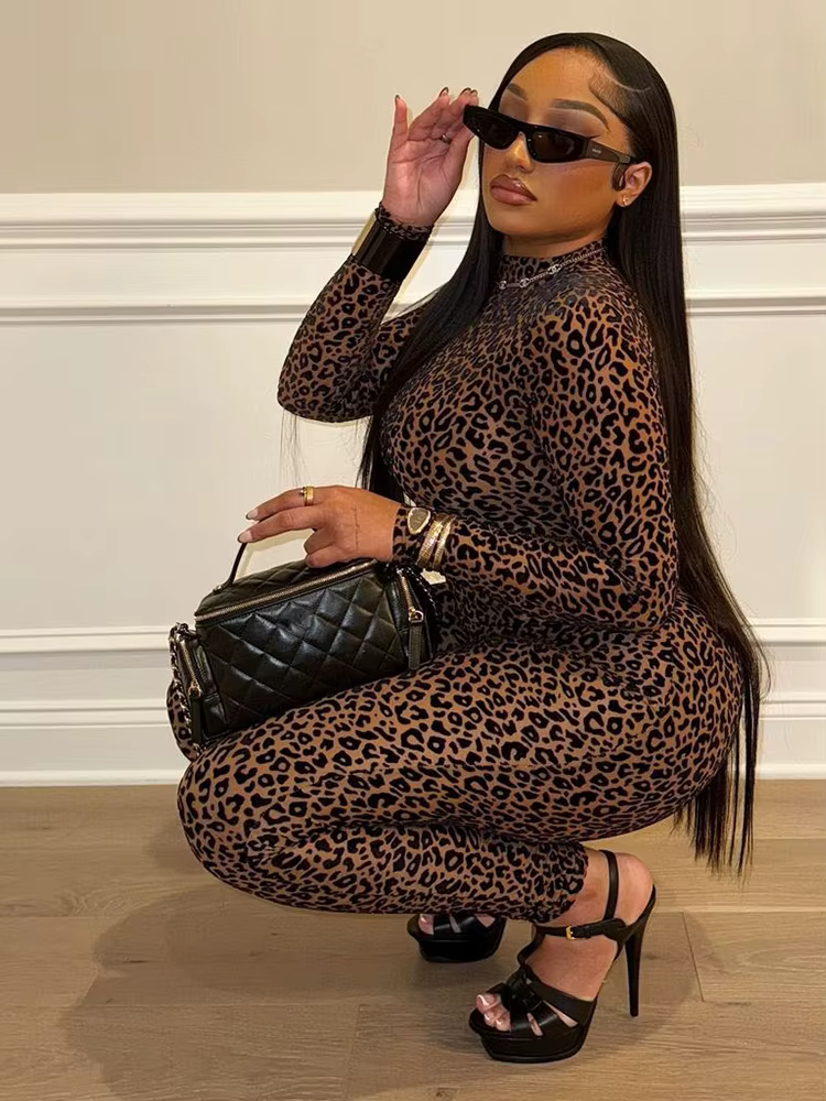 Nibber Voir À Travers Sexy Léopard Maille Combinaison Femmes Sexy Hipster Zip Stretch Minuit Entraîn