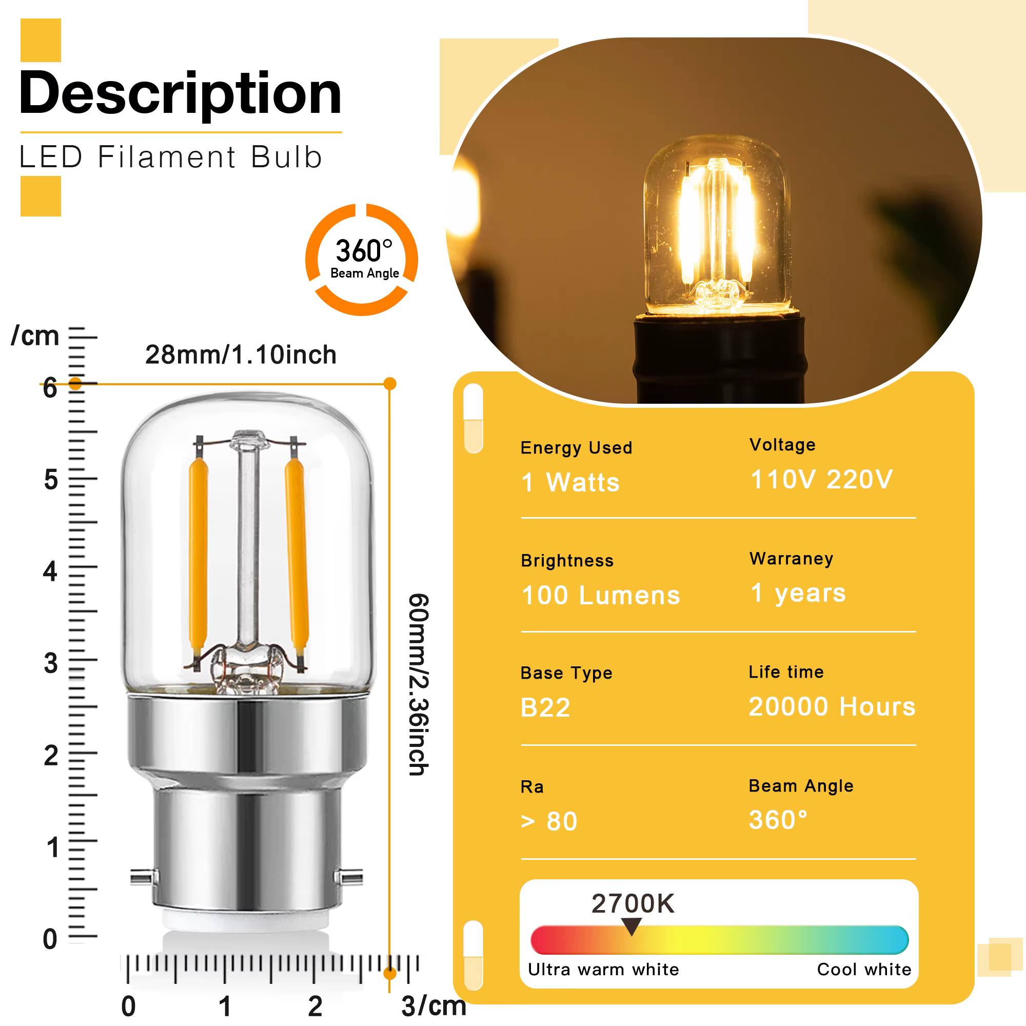 Mini ampoules LED tubulaires à base de baïonnette B22, ampoule décorative intérieure, verre transpar