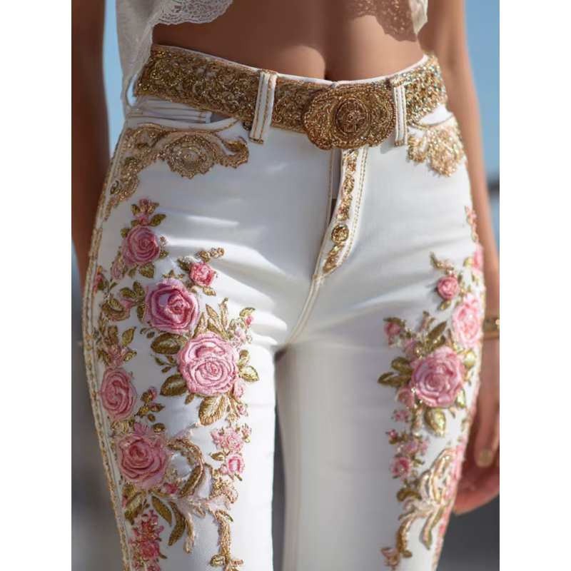 Jeans à jambes droites à imprimé floral pour femmes, style européen et américain, pantalon en denim