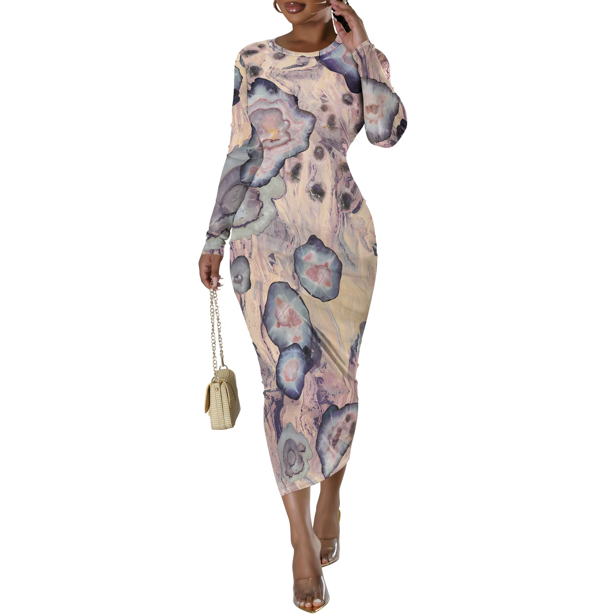 Femmes automne col carré Sexy coupe basse à manches longues robe Maxi à la mode florale moulante fêt