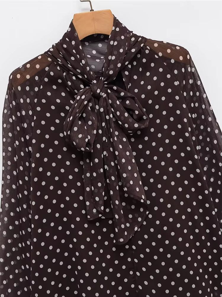 Chemisier Femme Imprimé Pois Nouvelle Collection Printemps 2026 – Blouse Élégante à Nœud Papillon et