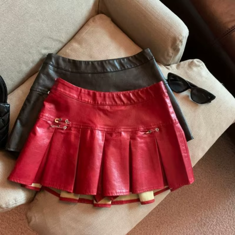 Jupe plissée en cuir PU américain pour femmes, Mini jupe Slim taille haute, rouge et noir