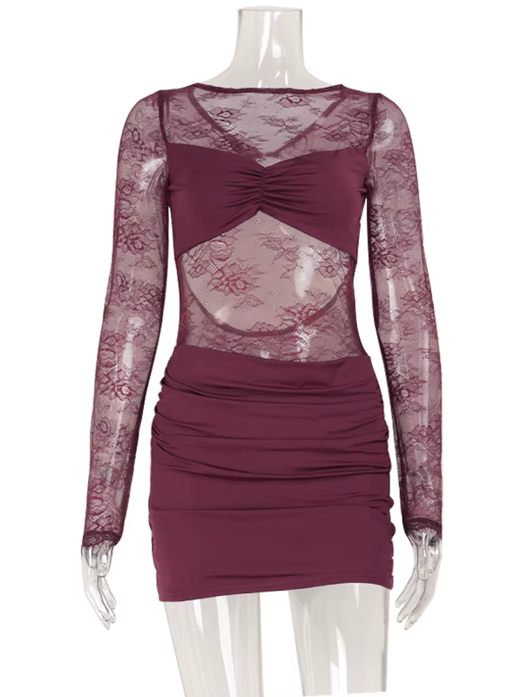 CNYISHE dentelle Patchwork dos nu col rond femmes robes mode pure à manches longues gaine tenues évi