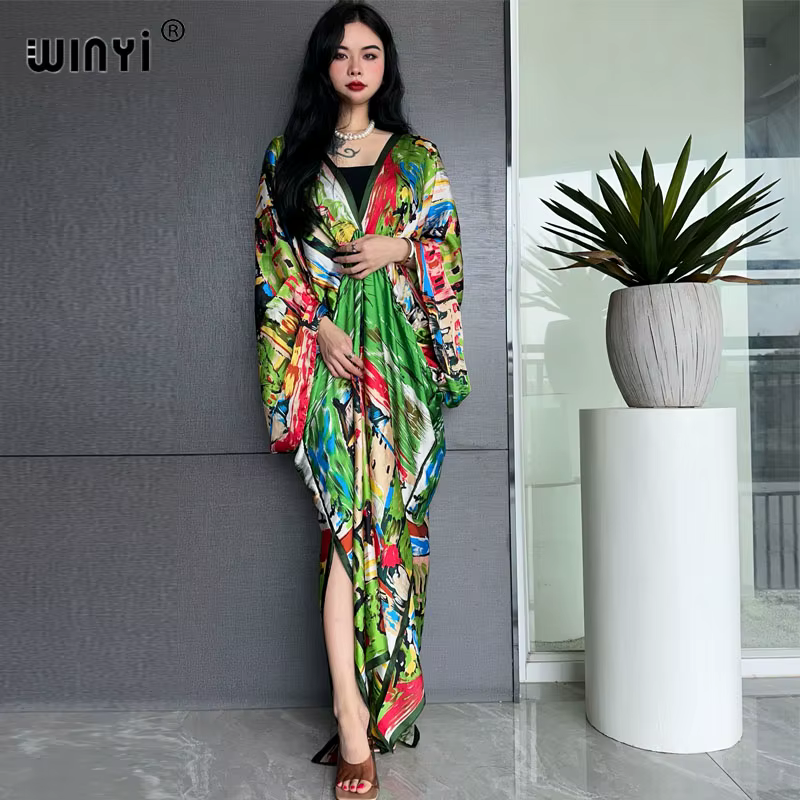 WINYI-Robe longue à col en V pour femme, robe de plage sexy, sensation de soie, mode bohème, robe de