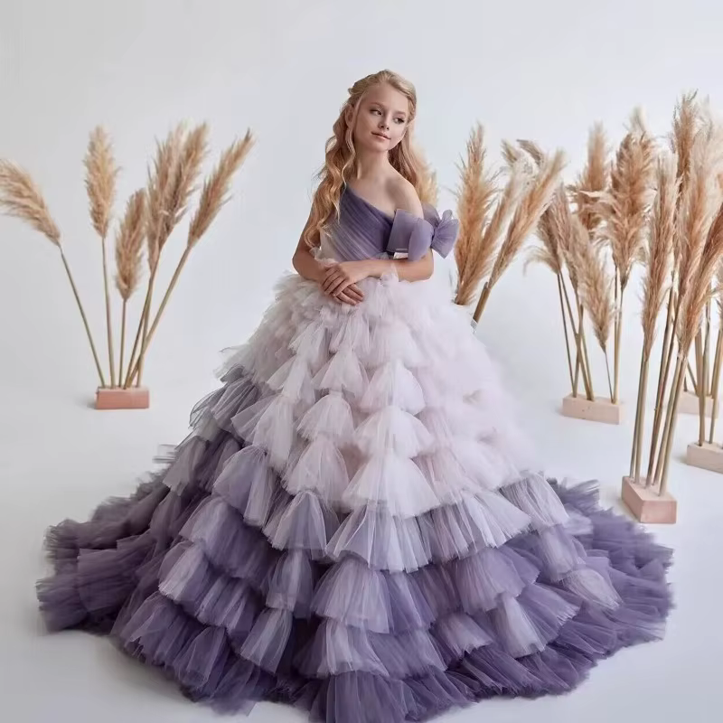 Robe Tutu asymétrique épaule dénudée pour enfants, robe Tutu pour filles à fleurs, fête d'anniversai