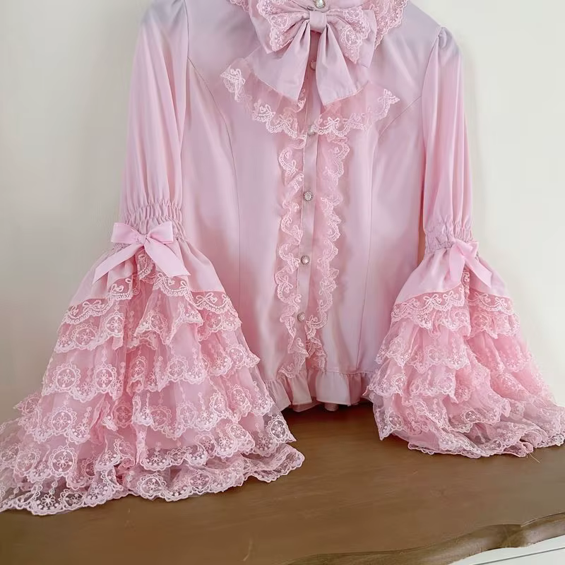 Chemise Lolita gothique et douce – Chemisier à volants à manches longues pour robes JSK, haut en den