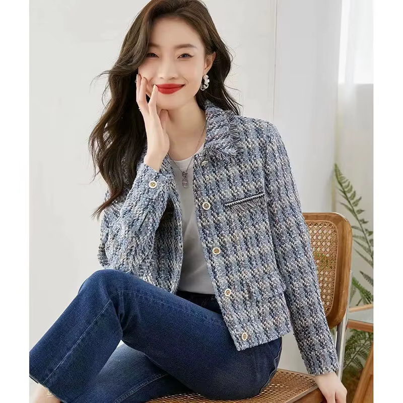 Manteau court en tweed LatejTweed pour femme, vestes à manches longues, revers classique élégant, ve