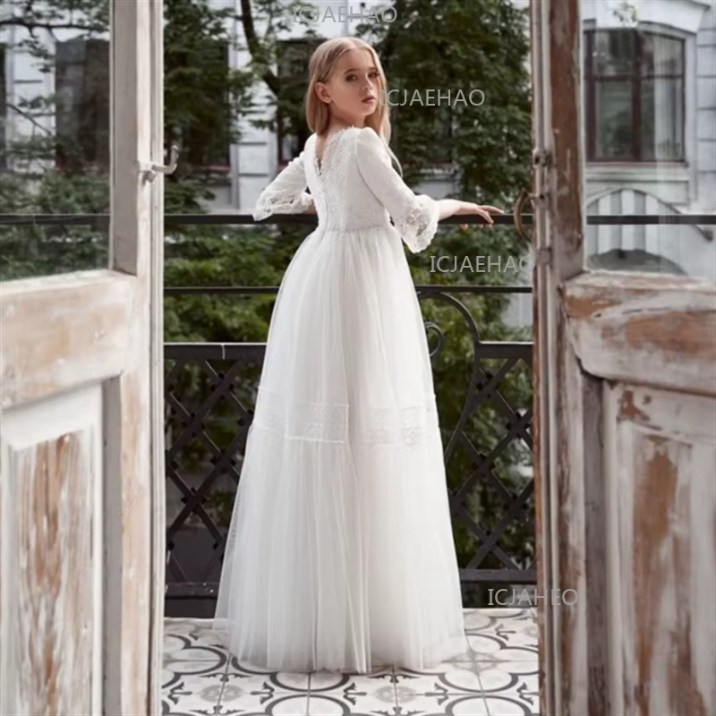 Nouvelle Robe Longue Princesse en Dentelle Blanche 2026 pour Enfants – Tenue Élégante pour Anniversa