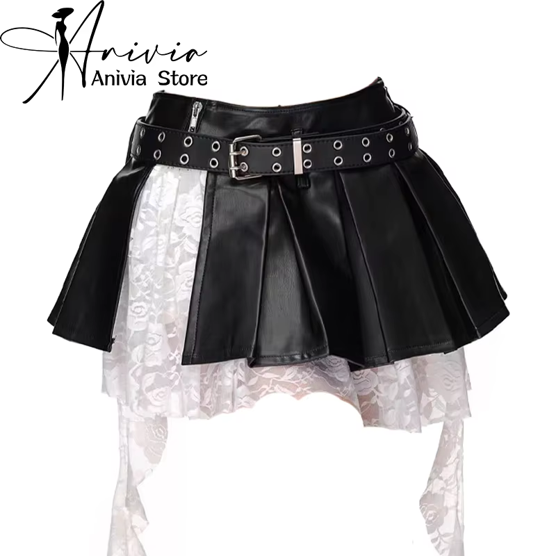 Femmes noir gothique épissé dentelle bord a-ligne Mini jupe Y2K Harajuku années 2000 Style académie 