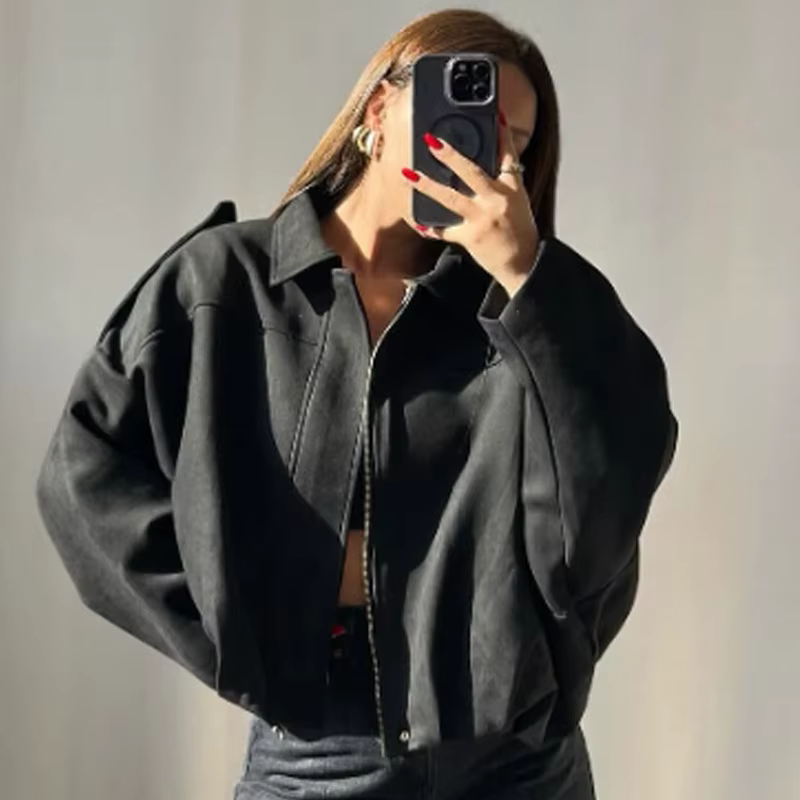 HXAO – veste courte en daim pour femme, blouson bombardier surdimensionné, manches chauve-souris, vê