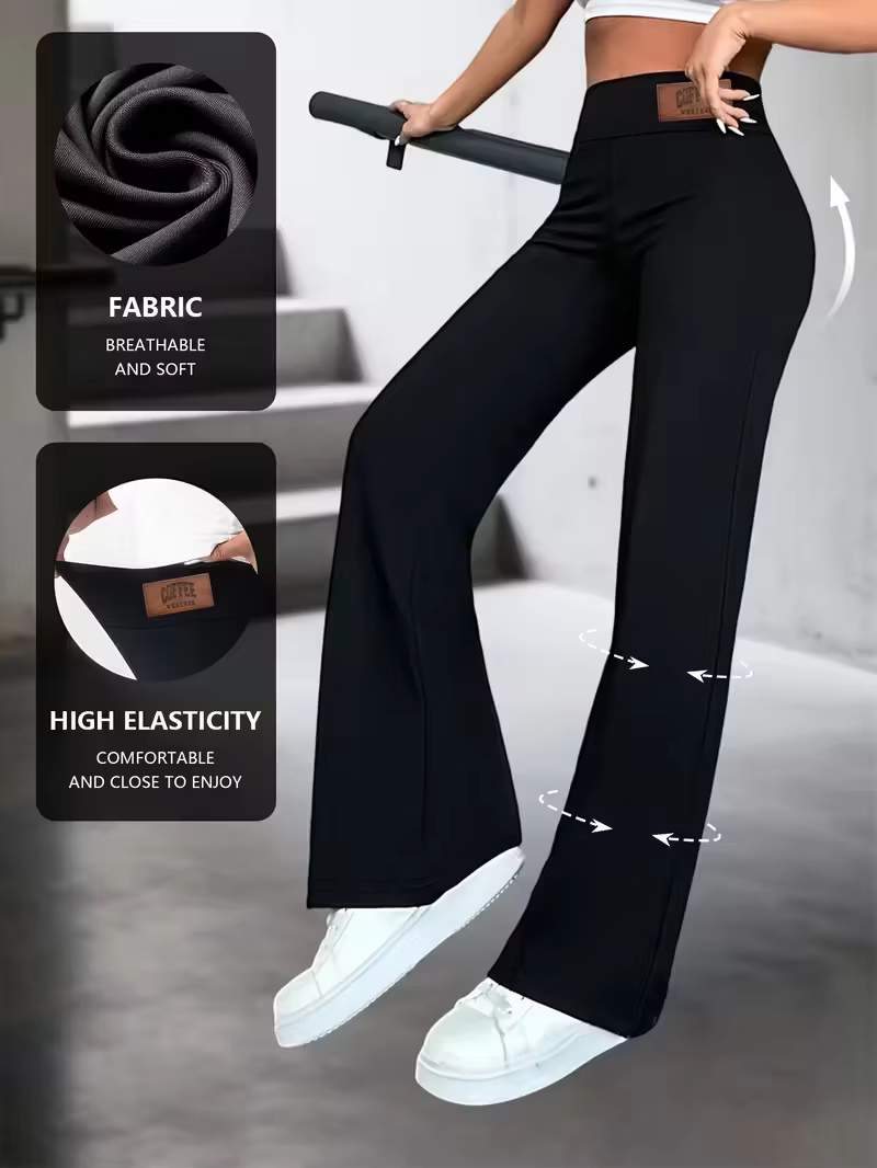 Pantalon droit taille haute pour femme, extensible, noir uni, élégant et essentiel pour le bureau, s