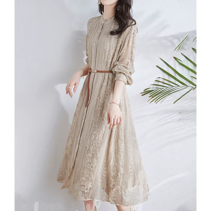 Birdtree-Robe mi-longue brodée en dentelle naturelle pour femme, robes taille haute à col rond, élég