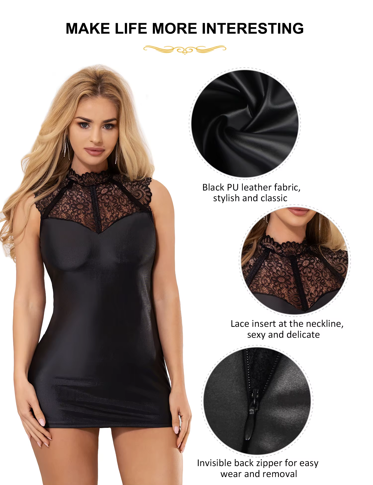Comeondear grande taille femmes robe tenue Wetlook Cocktail sans manches Faux cuir fête Mini Club La