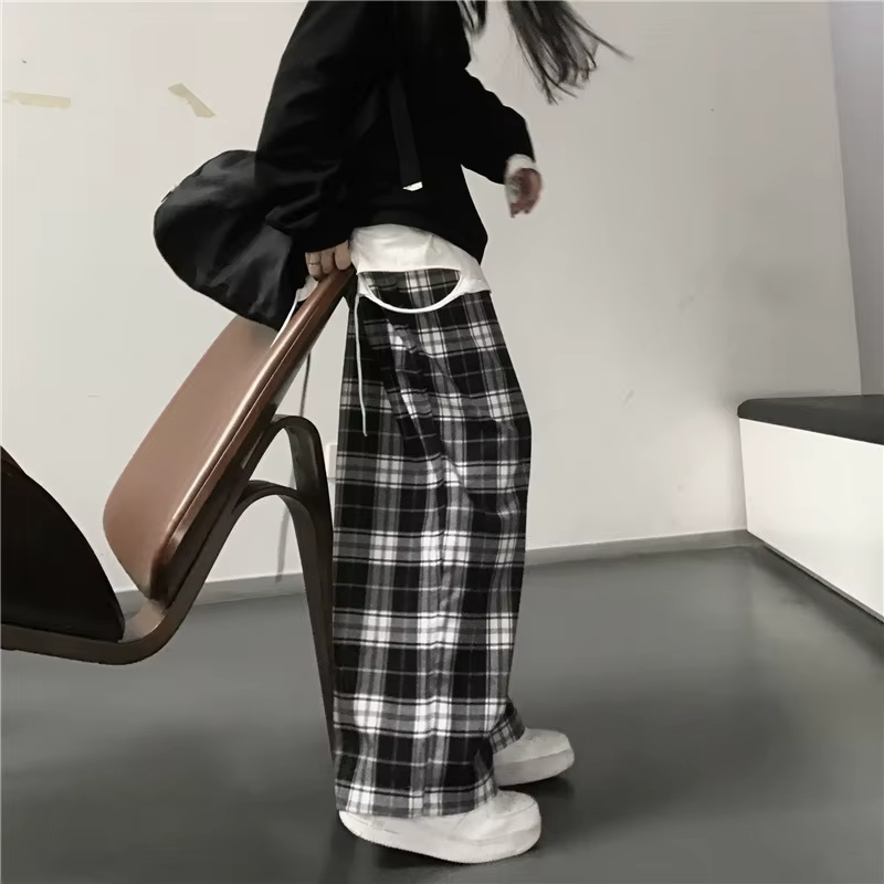 Pantalon de survêtement oversize pour femme, motif écossais noir, décontracté, coupe ample, taille é