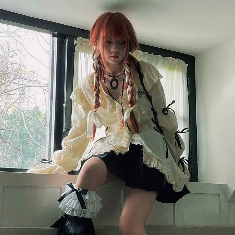 Chemise en dentelle esthétique, chemisiers irréguliers gothiques grunge, chemise bandage Harajuku, v