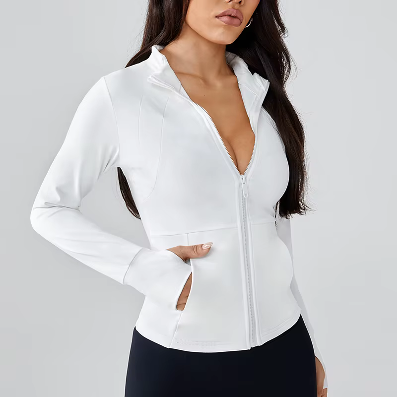 Veste de fitness professionnelle à col montant et fermeture éclair pour femme, amincissante et ajust