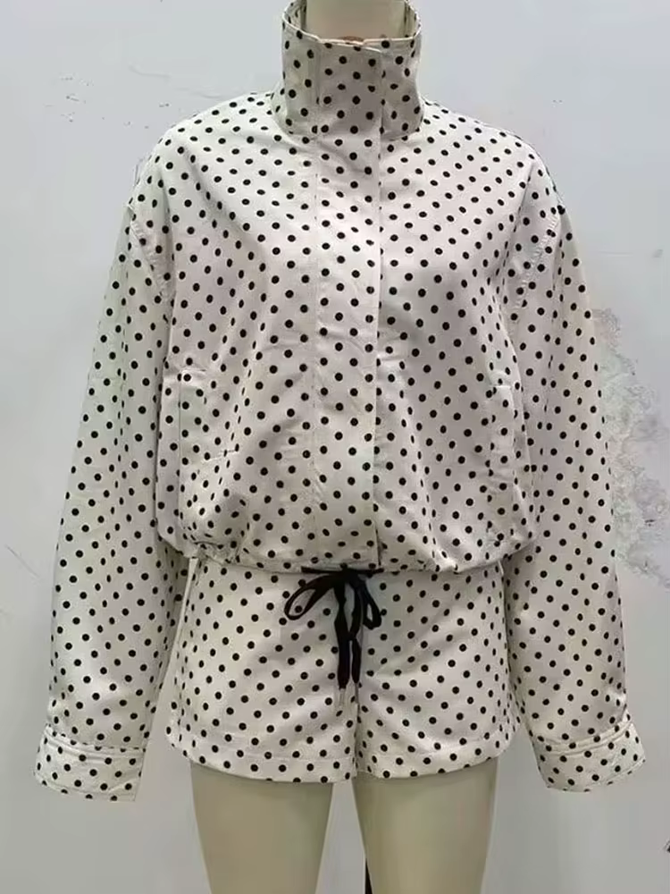 HH – ensemble imprimé à pois pour femme, veste à manches longues, col roulé, cordon de serrage + sho