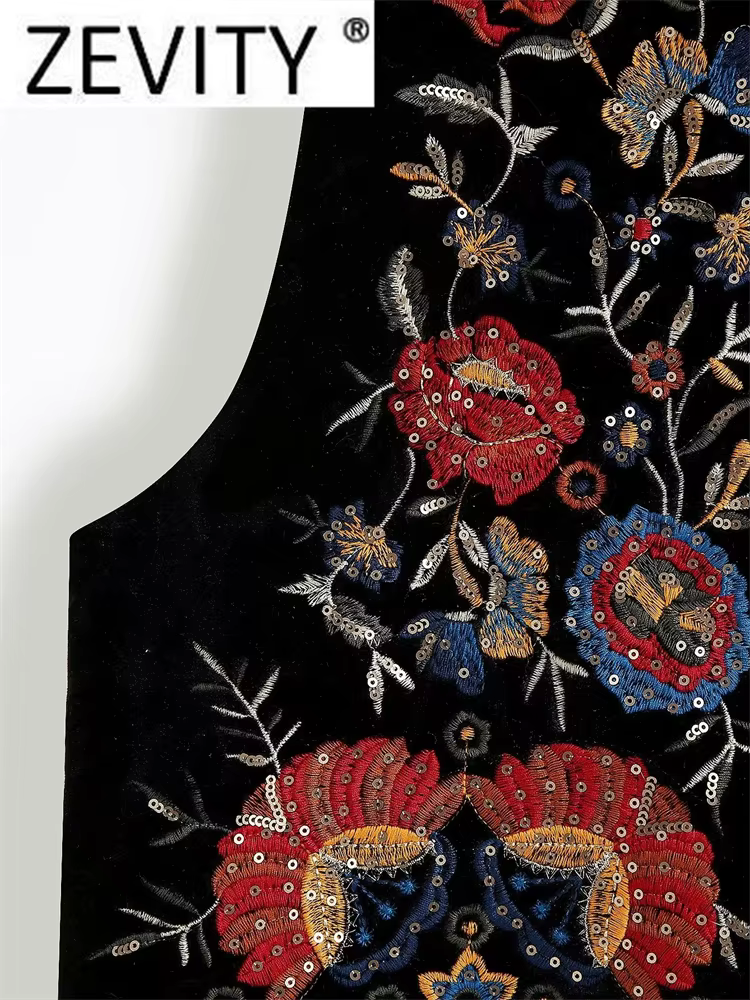 Zevity femmes Vintage paillettes fleur broderie gilet veste dames rétro style national patchwork déc