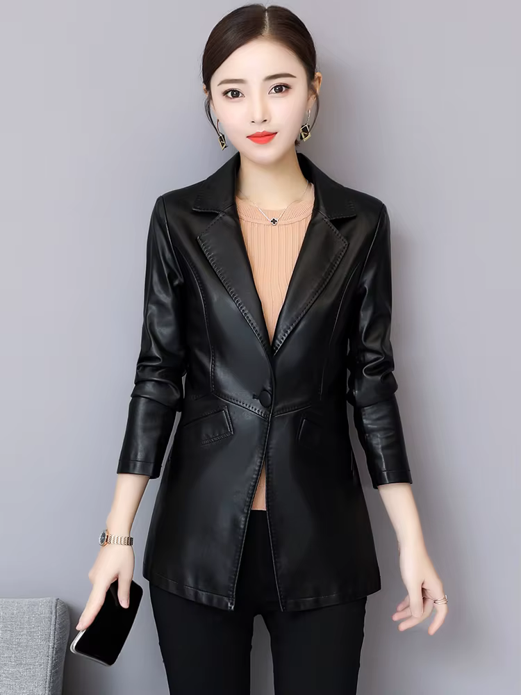 Nouveau Femmes Veste en cuir Automne Hiver Mode Classique Bouton unique Slim Blazer en cuir de mouto