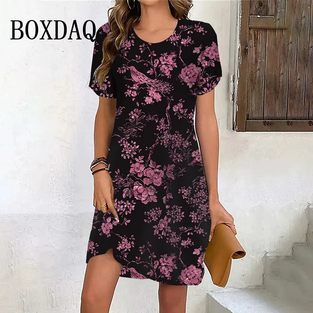 Robe d'été rétro à manches courtes pour femmes, vêtements décontractés, mini robe d'été, peinture d'