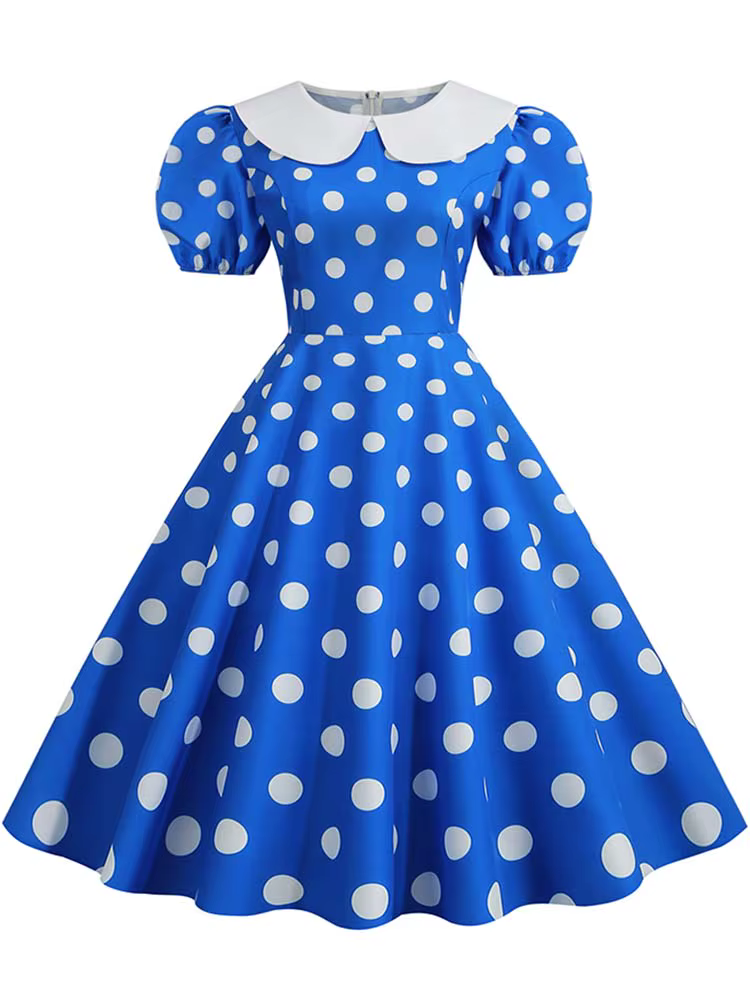 Robe d'été élégante pour femme, manches courtes bouffantes, à pois, col Peter Pan, style vintage, co