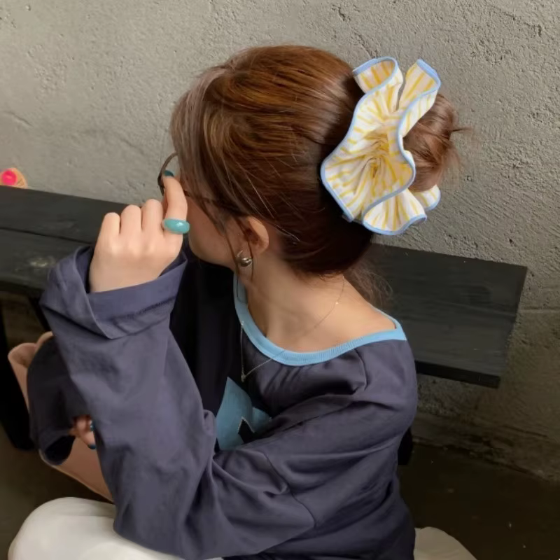 Anneau de cheveux rayé jaune pour femme, chouchou coréen haut de gamme, accessoires pour cheveux