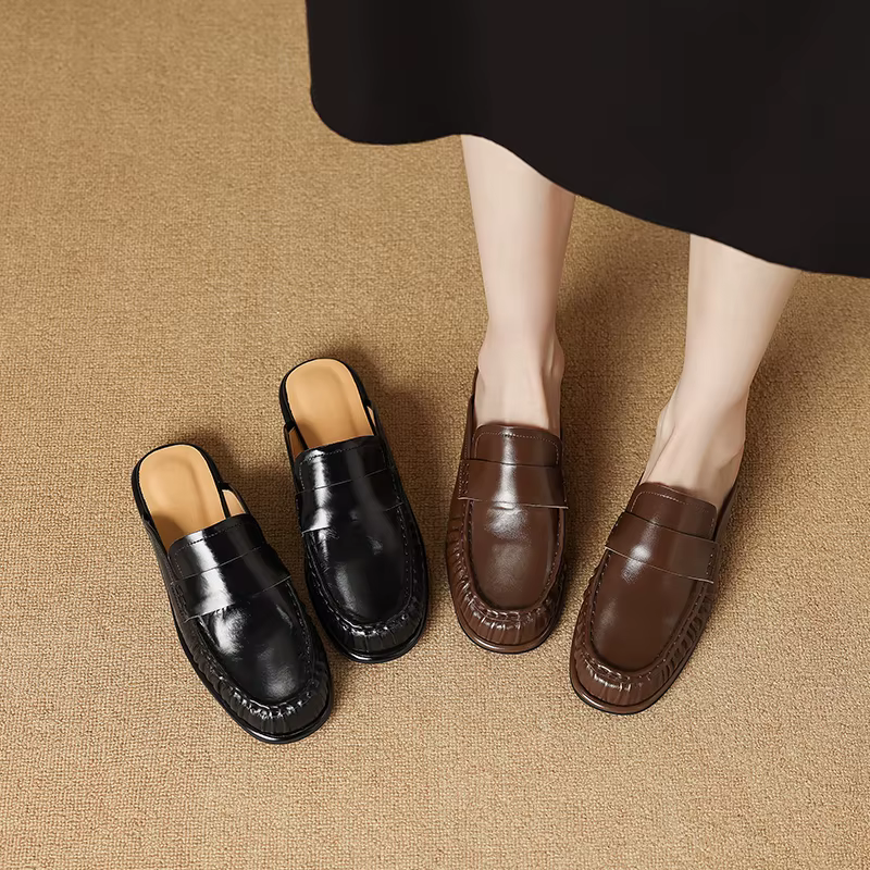 Sandales à enfiler pour femmes 2026 en cuir de vachette véritable, style rétro, confortables, taille