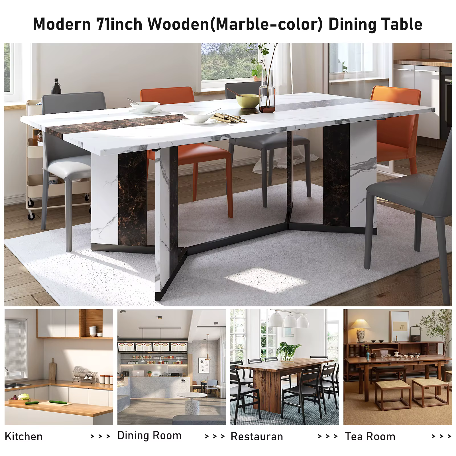 Grande table à manger rectangulaire luxueuse de 71 po pour 6 8 10 personnes, table queen familiale a