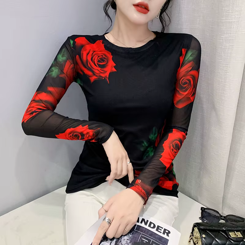 Taille S-3XL filles impression fixe maille T-Shirts T-Shirts femme manches longues col rond extensib