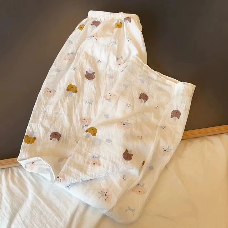 Pantalon de pyjama d'été pour femmes, blanc, ours de dessin animé, pantalon de salon fin, rayures ce