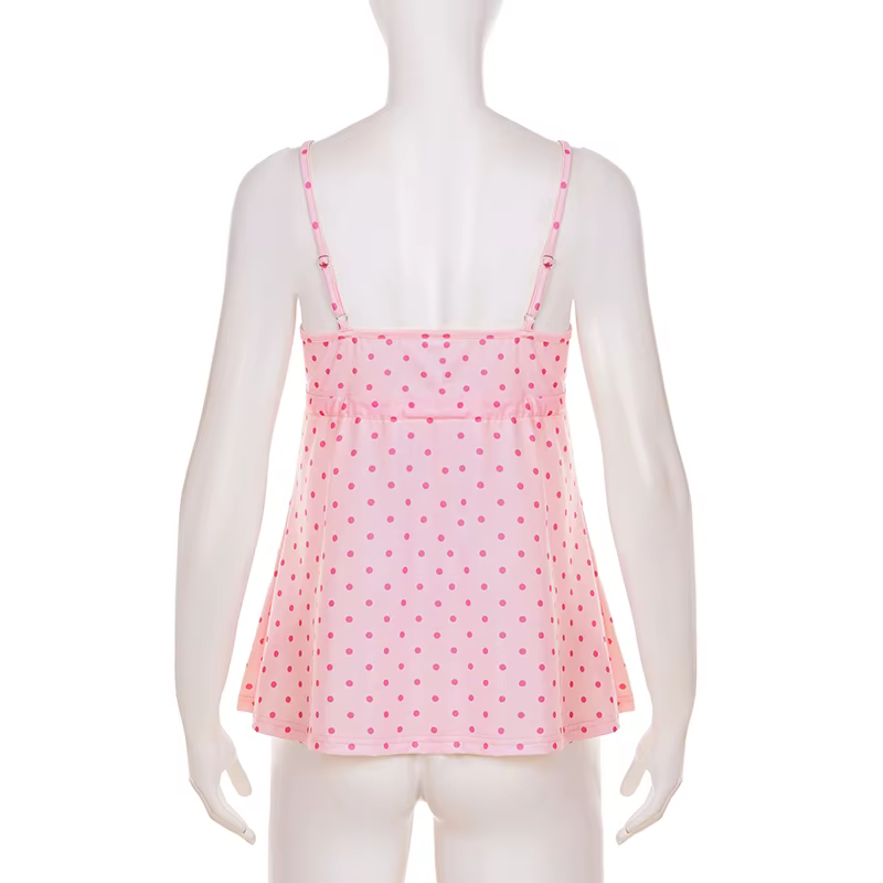 SUCHCUTE Chic doux mignon à pois imprimé nœud à lacets Camisole femmes col en V sans manches haut co