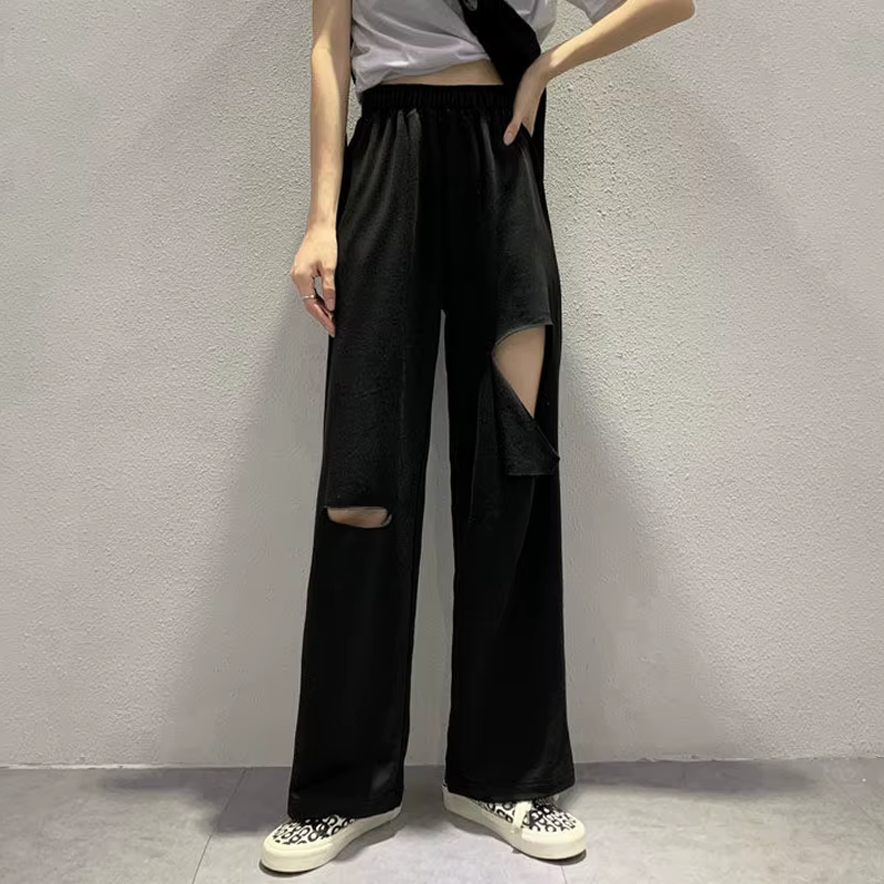 Pantalon Harajuku à jambes larges ajouré pour femmes, jogging, troué, Streetwear Chic, pantalon droi